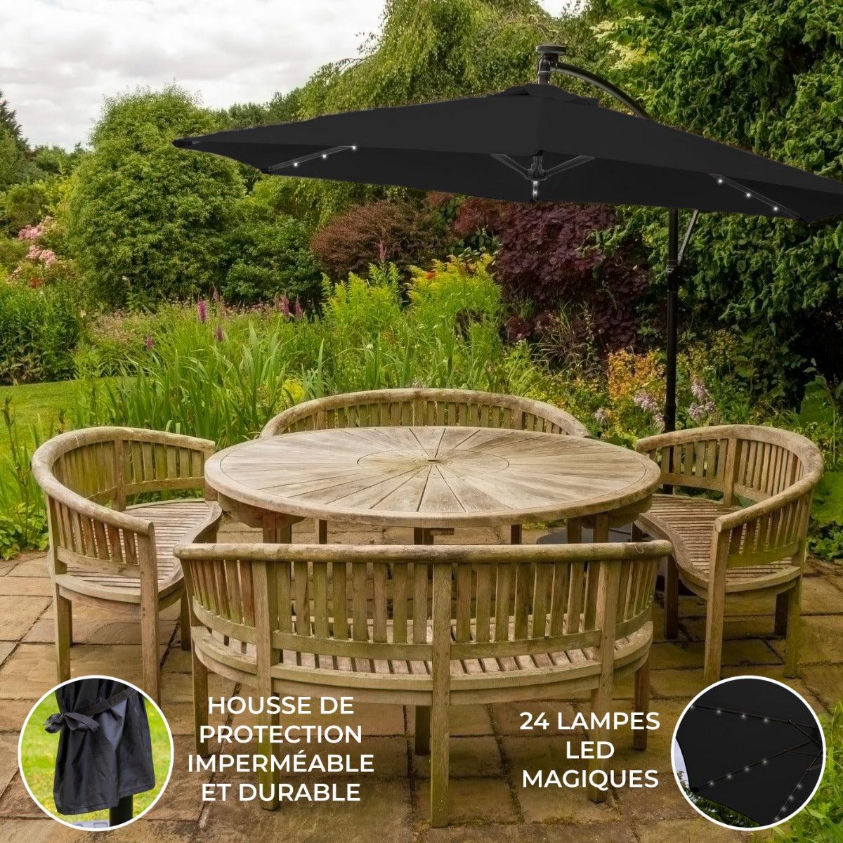 Guarda-chuva Cantilever 3m com Luzes LED - Preto