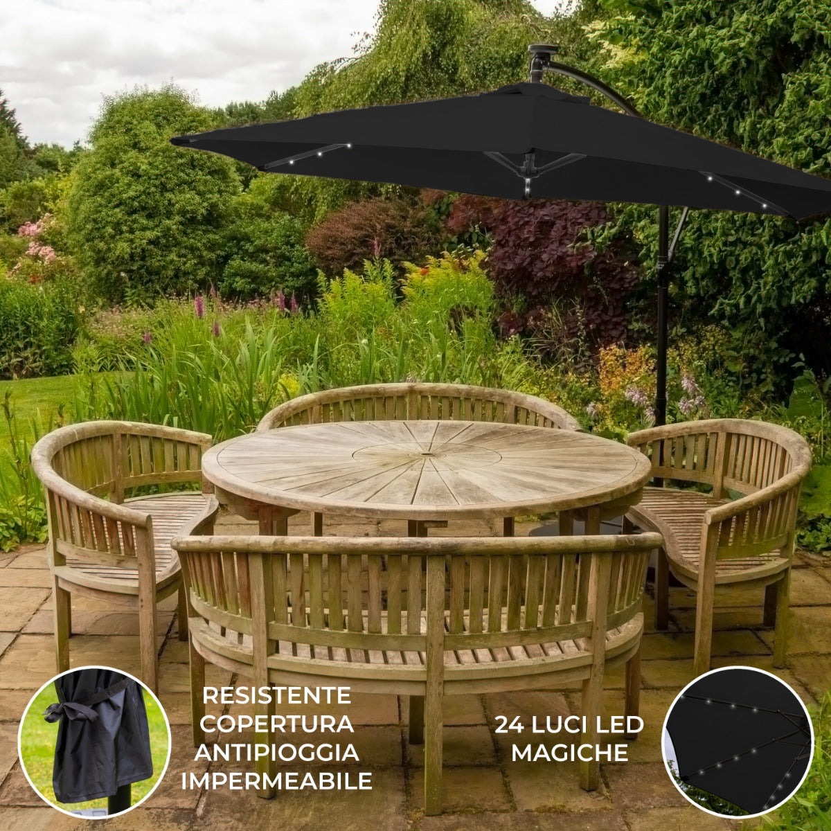 Guarda-chuva Cantilever 3m com Luzes LED - Preto