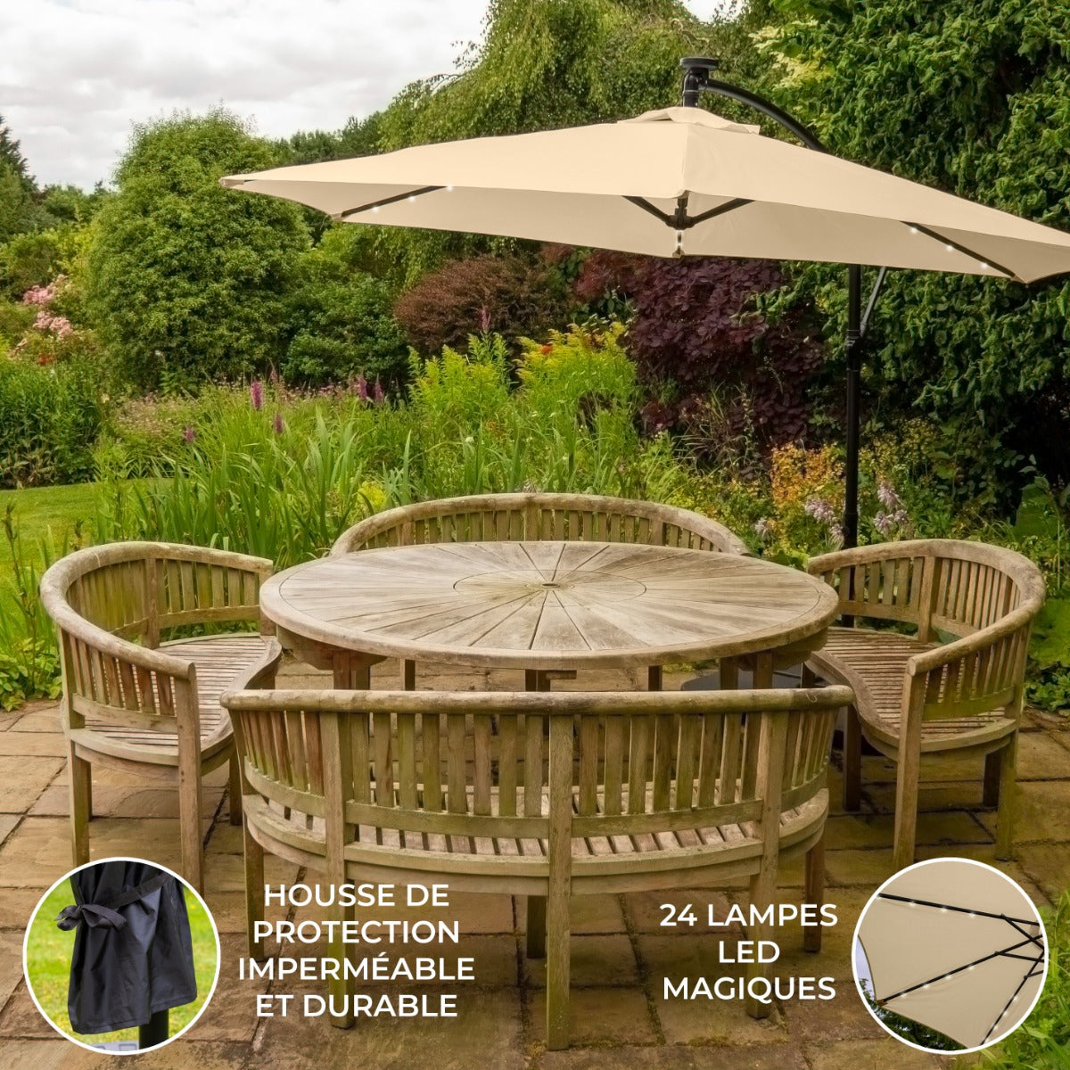 Guarda-chuva Cantilever 3m com Luzes LED - Bege