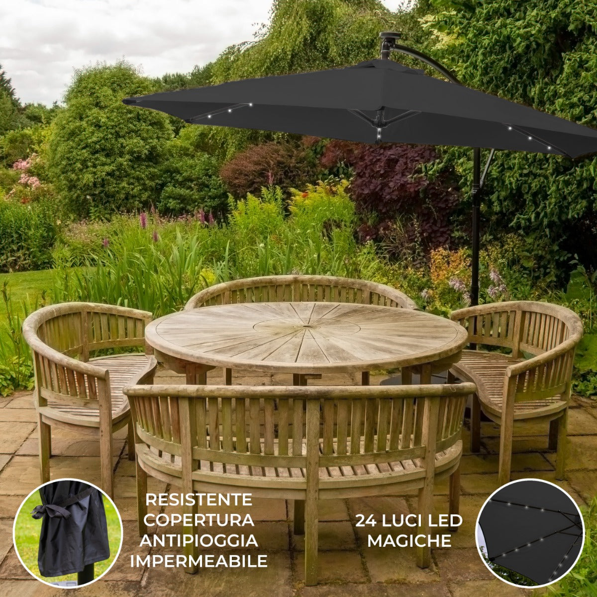 Guarda-chuva Cantilever 3m com Luzes LED - Cinza