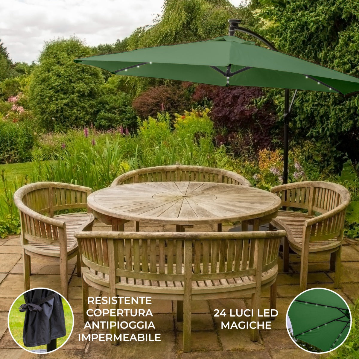 Guarda-chuva Cantilever 3m com Luzes LED - Verde