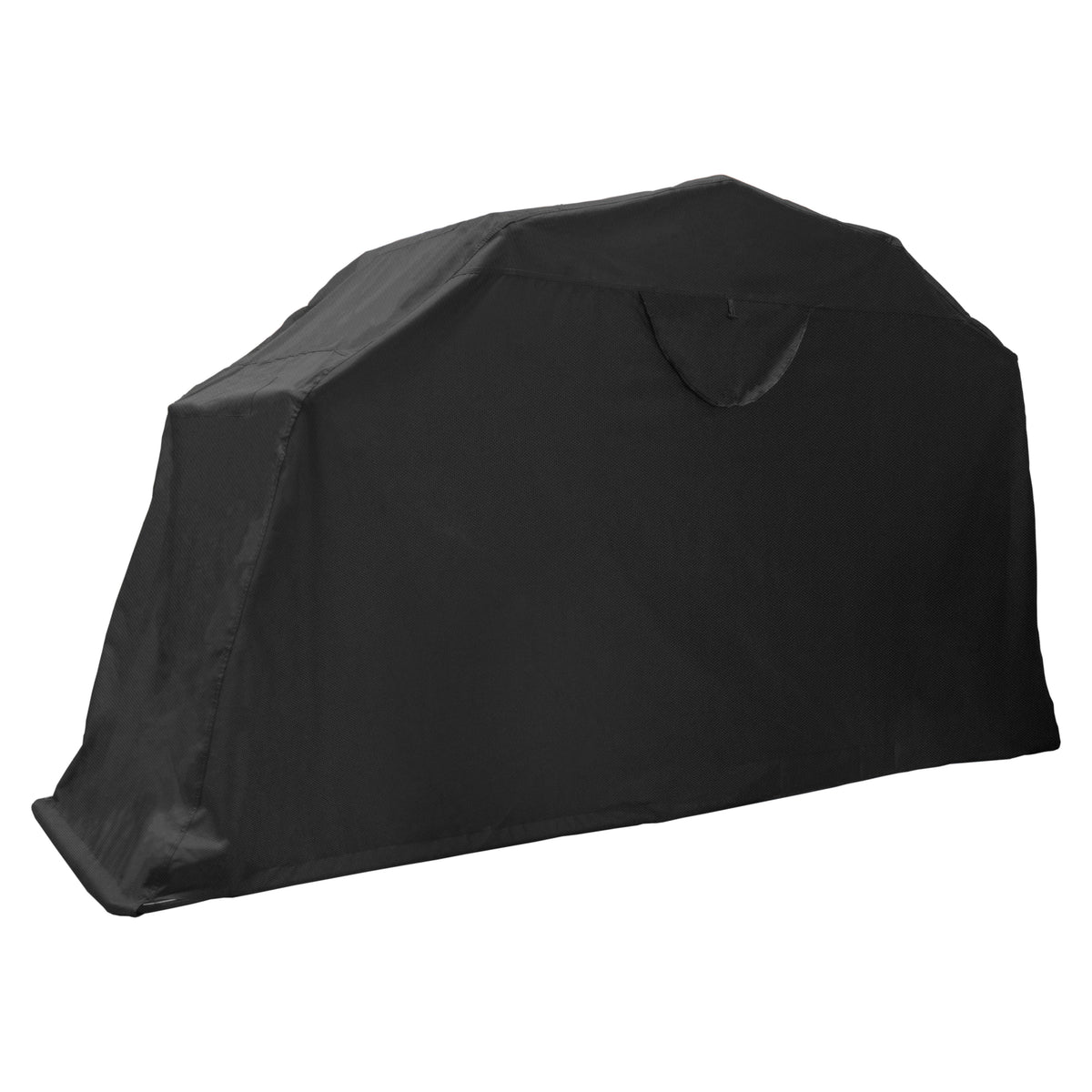 Capa de proteção preta para churrasqueira, feita de material resistente à água, com formato retangular e acabamento liso, ideal para uso externo
