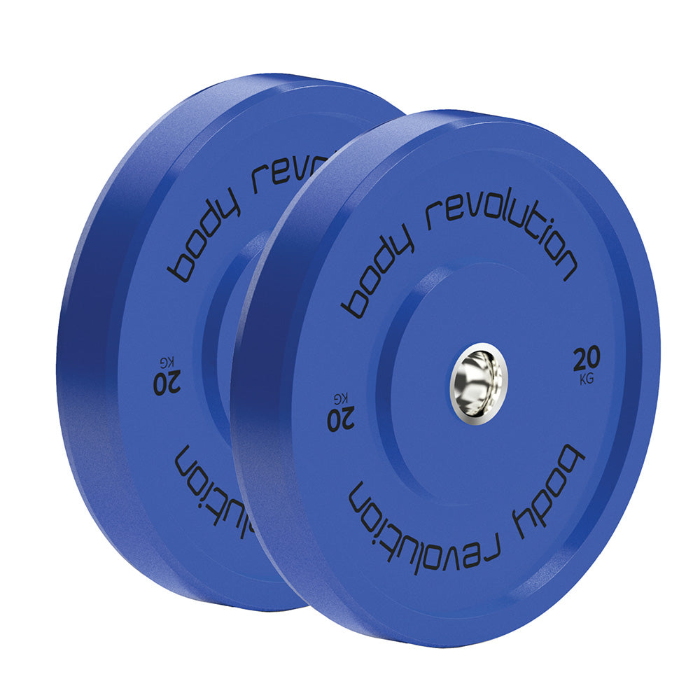 Conjunto de anilhas olímpicas coloridas de 150 kg, com detalhes em azul, material de borracha e design resistente para treino intenso
