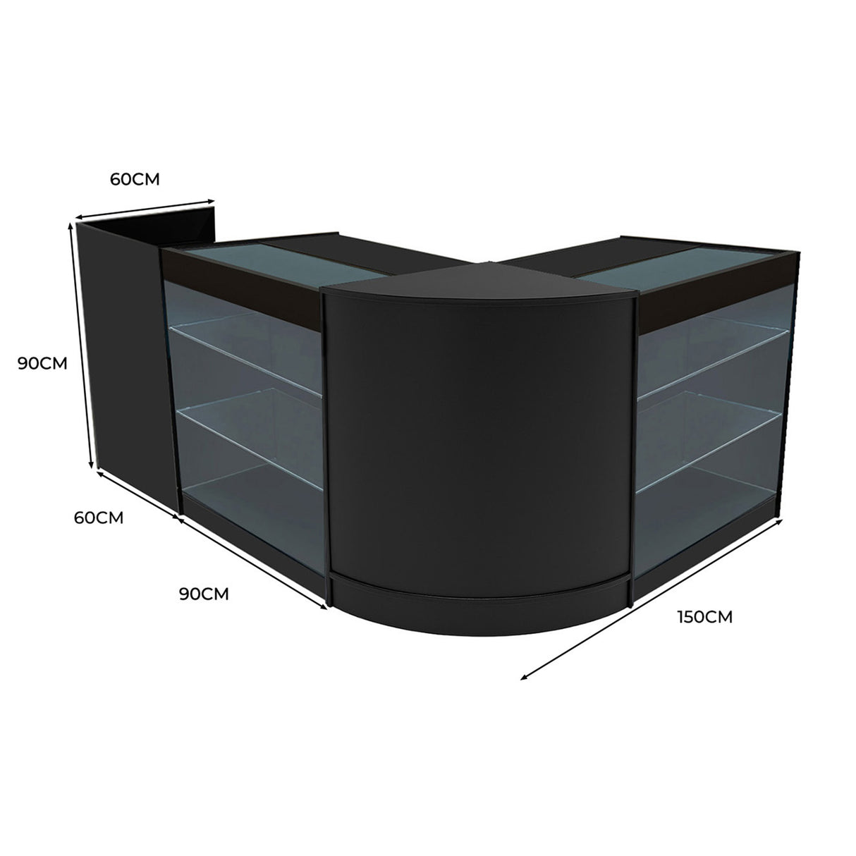 Conjunto de Balcões Comerciais com Luz LED "ARIES" CM60 + 2xK900 + TB60 – cor Preto