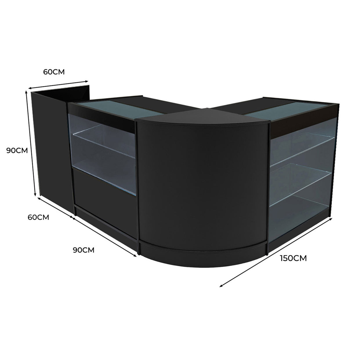 Conjunto de Balcões Comerciais com Luz LED "VEGA" CM60 + K900 + C900 + TB60 – cor Preto