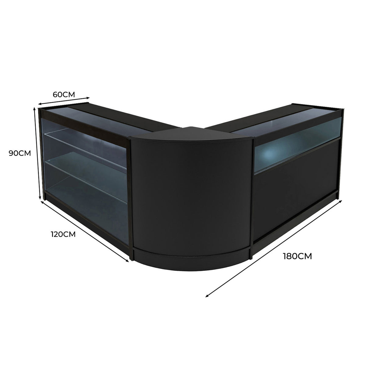 Conjunto de Balcões Comerciais com Luz LED "TRITON" CM60 + K1200 + B1200 – cor Preto