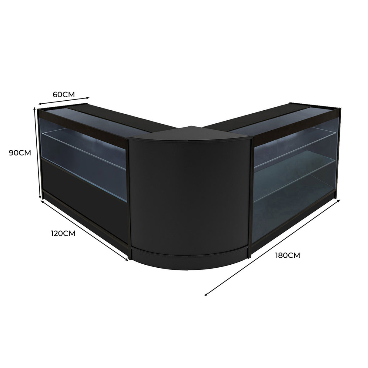 Conjunto de Balcões Comerciais com Luz LED "HERA" CM60 + K1200 + C1200 – cor Preto