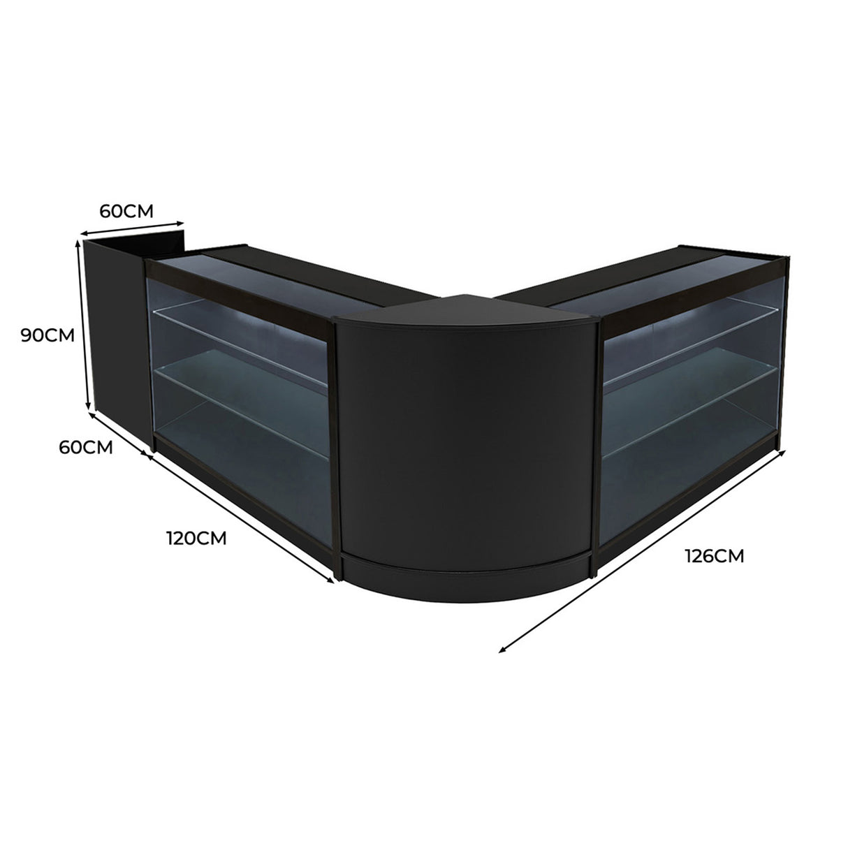 Conjunto de Balcões Comerciais com Luz LED "ARIES" CM60 + 2xK1200 + TB60 – cor Preto