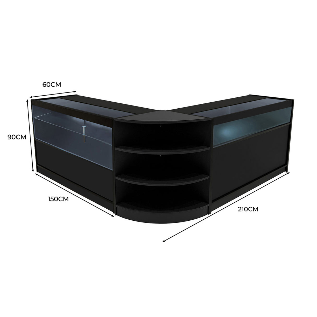 Conjunto de Balcões Comerciais com Luz LED "HARMONIA" LM60 + B1500 + C1500 – cor Preto