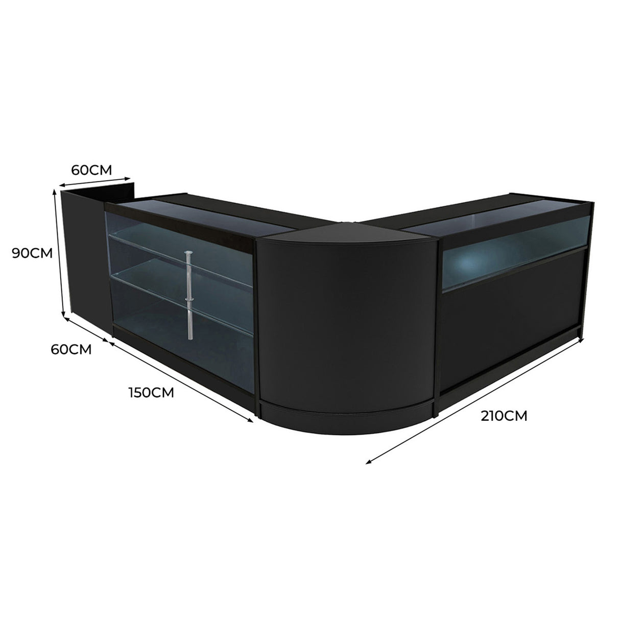 Conjunto de Balcões Comerciais com Luz LED "POLARIS" CM60 + B1500 + K1500 + TB60 – cor Preto