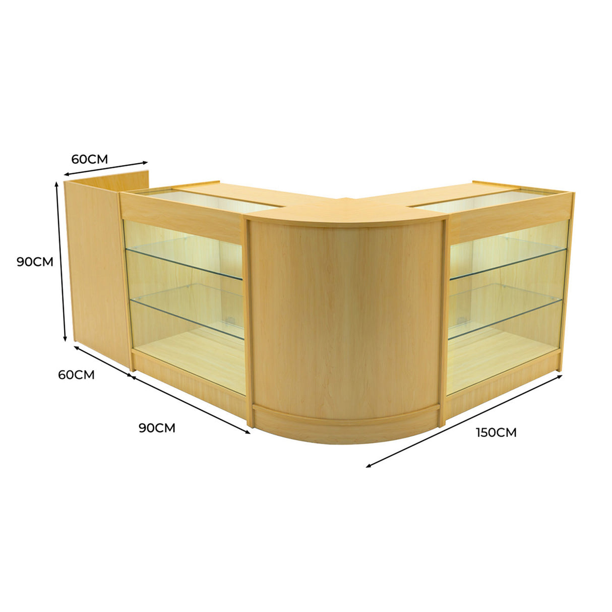 Conjunto de Balcões Comerciais com Luz LED "ARIES" CM60 + 2xK900 + TB60 – cor Maple