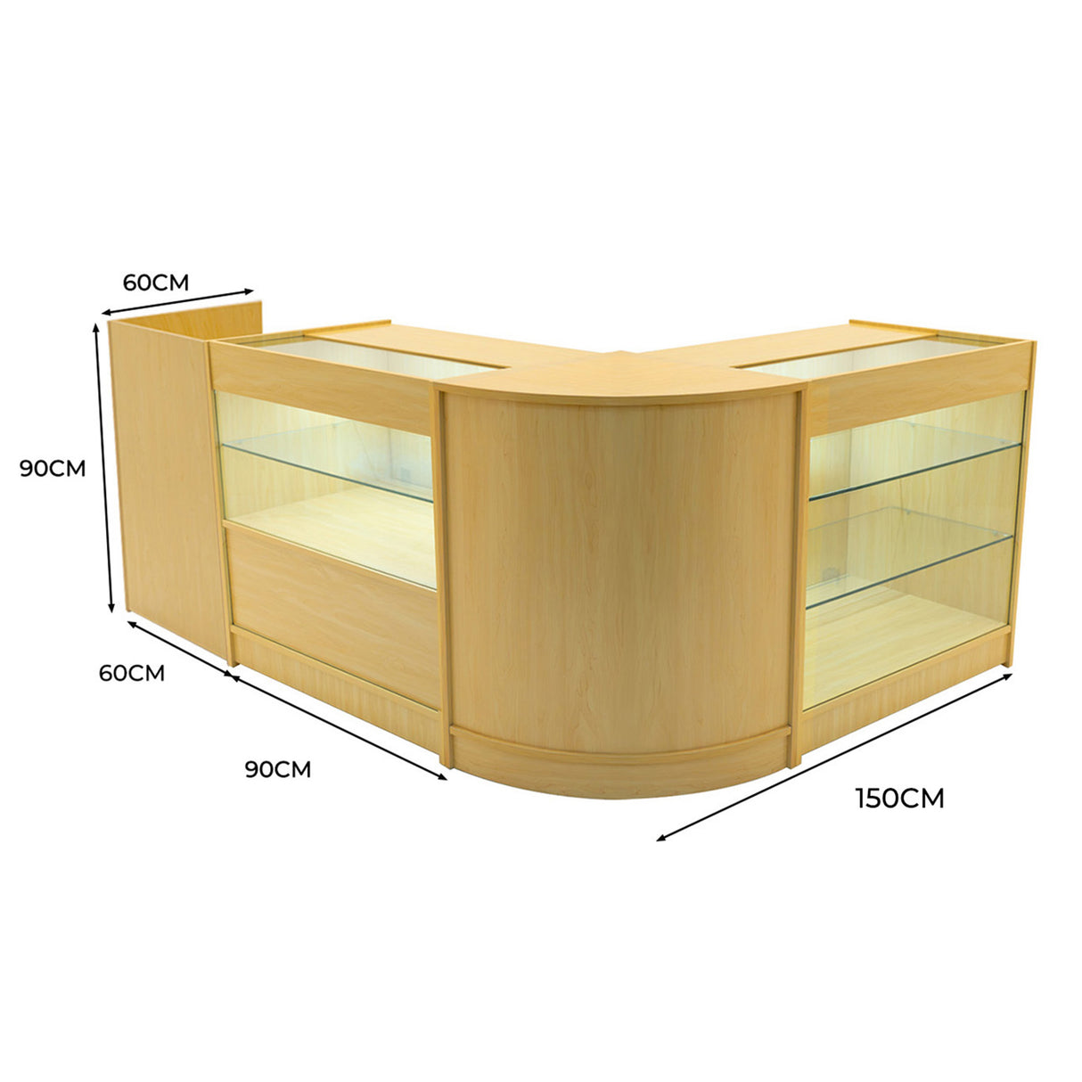 Conjunto de Balcões Comerciais com Luz LED "VEGA" CM60 + K900 + C900 + TB60 – cor Maple