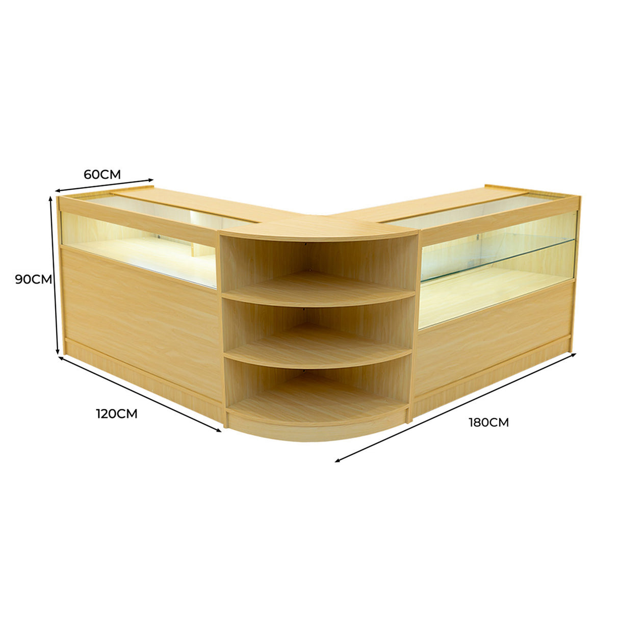 Conjunto de Balcões Comerciais com Luz LED "HARMONIA" LM60 + B1200 + C1200 – cor Maple