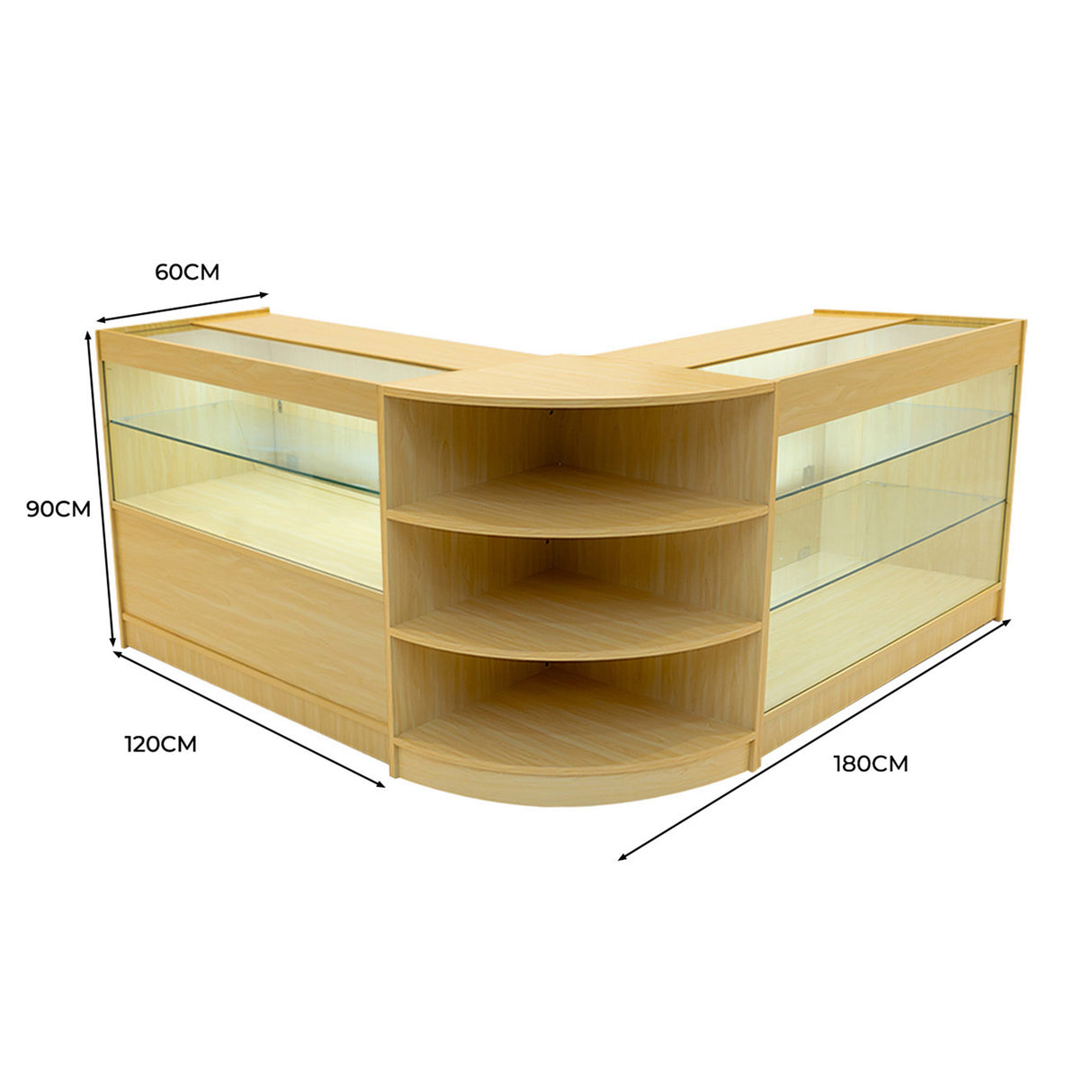 Conjunto de Balcões Comerciais com Luz LED "CALLIOPE" LM60 + K1200 + C1200 – cor Maple