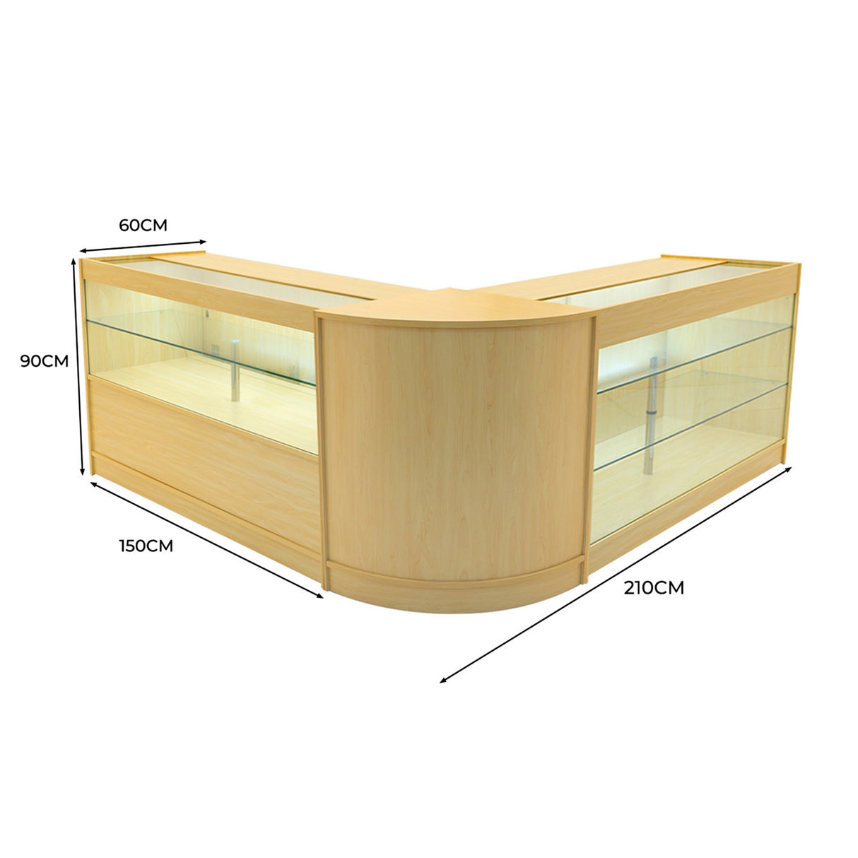 Conjunto de Balcões Comerciais com Luz LED "HERA" CM60 + K1500 + C1500 – cor Maple