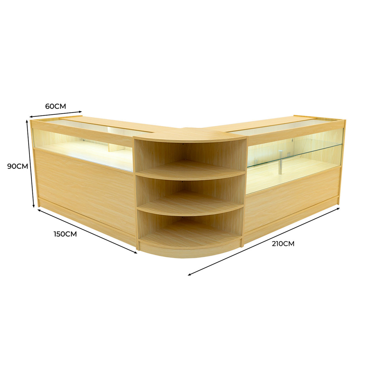 Conjunto de Balcões Comerciais com Luz LED "HARMONIA" LM60 + B1500 + C1500 – cor Maple