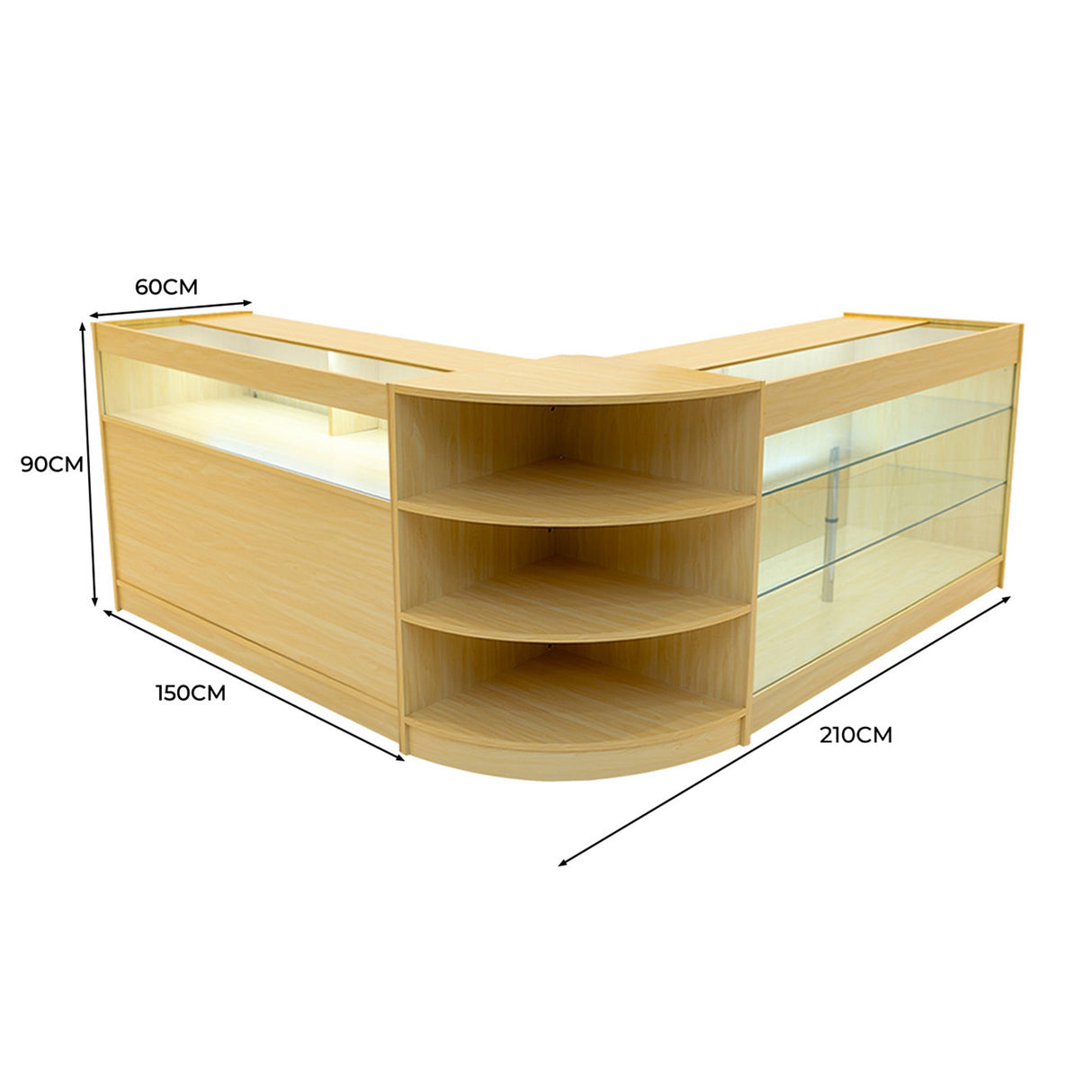 Conjunto de Balcões Comerciais com Luz LED "DEMETER" LM60 + K1500 + B1500 – cor Maple