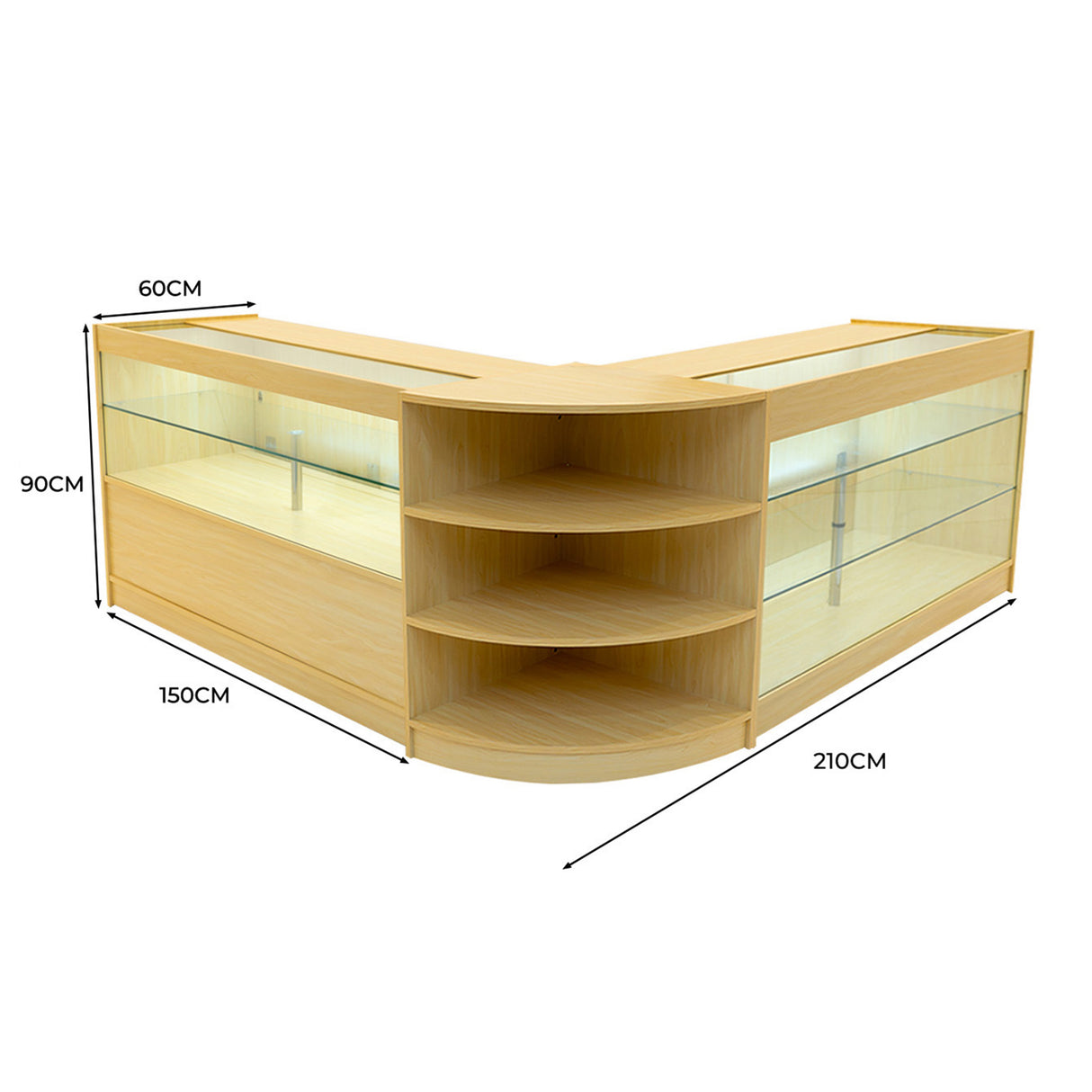 Conjunto de Balcões Comerciais com Luz LED "CALLIOPE" LM60 + K1500 + C1500 – cor Maple