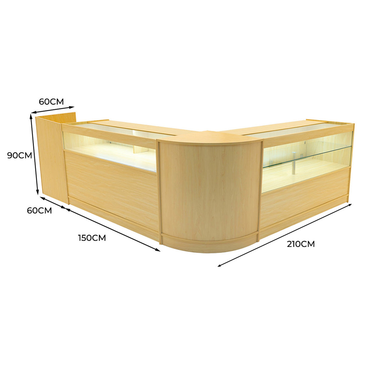 Conjunto de Balcões Comerciais com Luz LED "GRAVITY" CM60 + B1500 + C1500 + TB60 – cor Maple