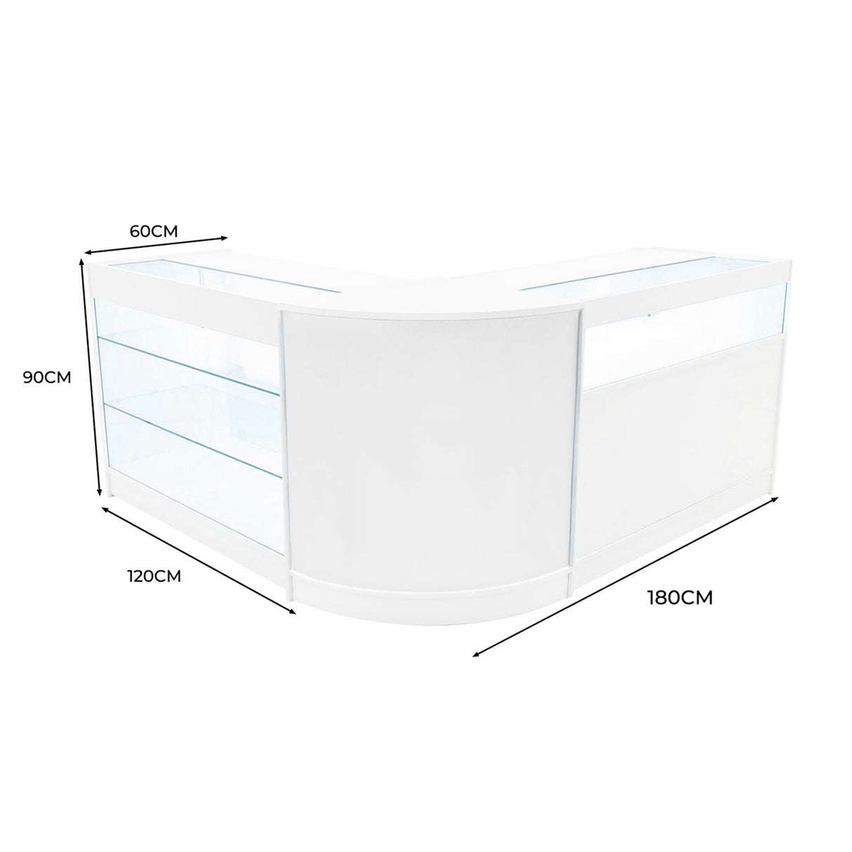 Conjunto de Balcões Comerciais com Luz LED "TRITON" CM60 + K1200 + B1200 – cor Branco