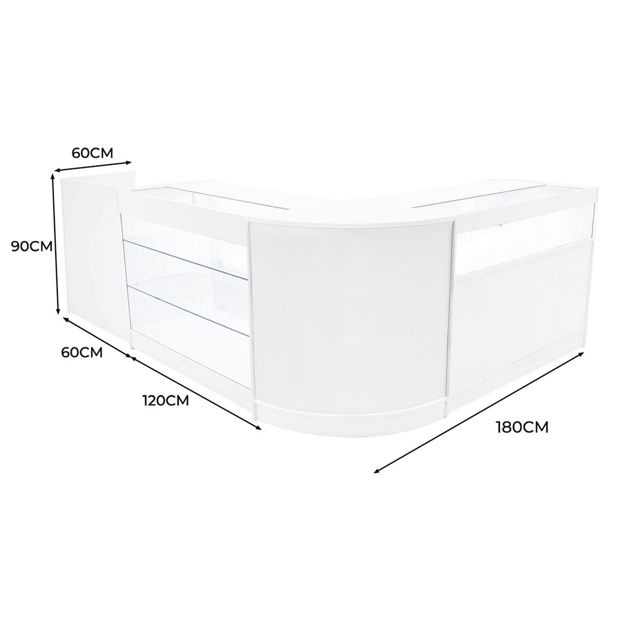 Conjunto de Balcões Comerciais com Luz LED "POLARIS" CM60 + B1200 + K1200 + TB60 – cor Branco