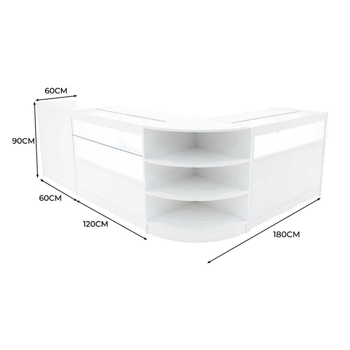 Conjunto de Balcões Comerciais com Luz LED "EUROPA" LM60 + B1200 + C1200 + TB60 – cor Branco