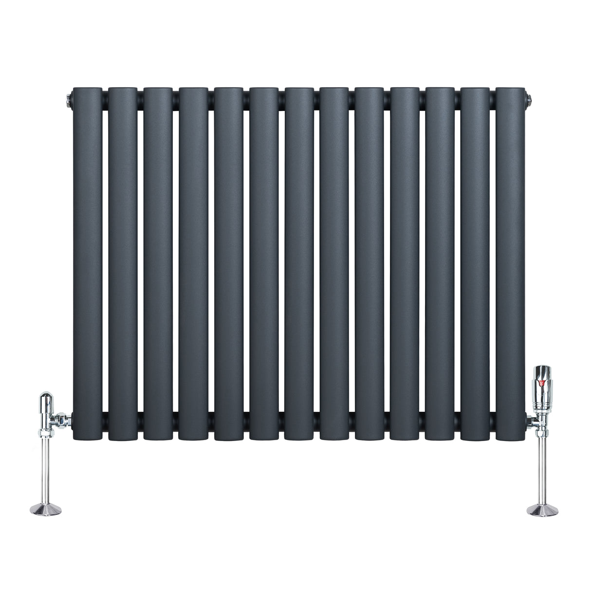Radiador de coluna oval cinzento antracite com válvulas, apresentando um design moderno e liso, ideal para aquecimento eficiente