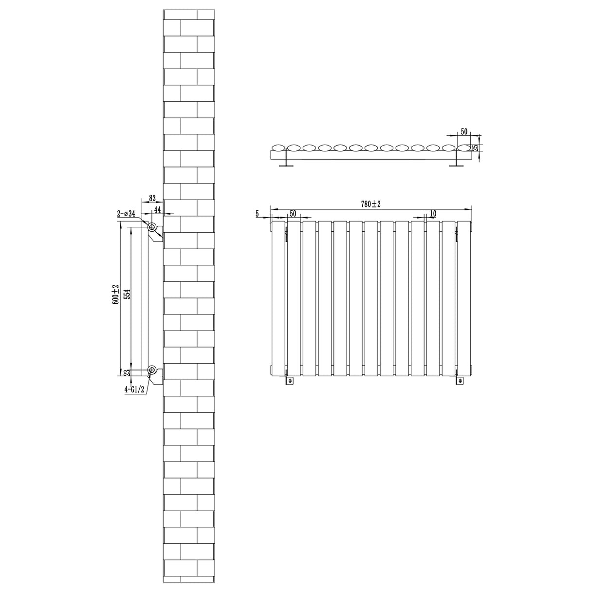 Radiador de coluna simples oval preto com válvulas, dimensões de 600 mm x 780 mm, design elegante e moderno, ideal para aquecimento