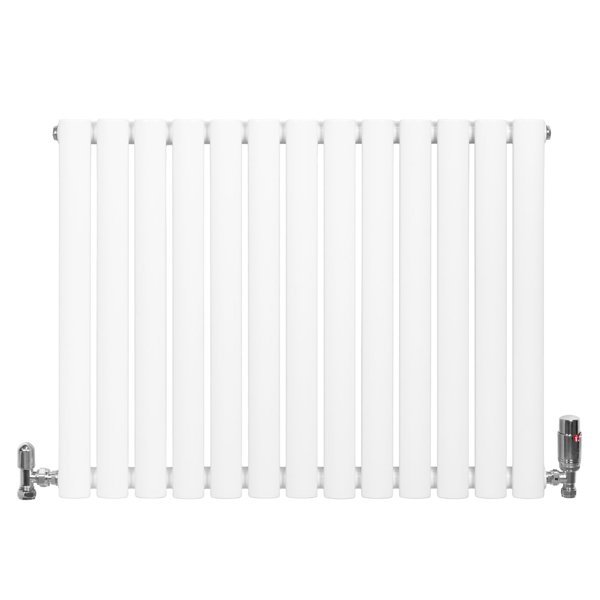 Radiador de coluna oval branco com válvulas, 600 mm x 780 mm, apresentando um design liso e moderno, ideal para aquecimento eficiente