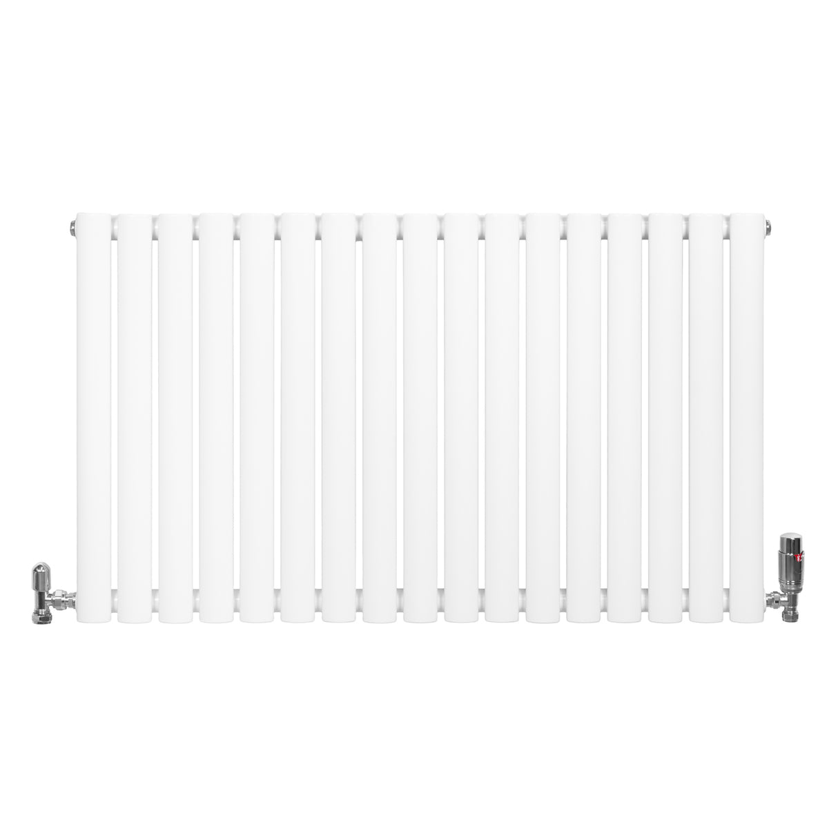 Radiador de coluna oval branco com 12 tubos verticais, acabamento liso e válvulas cromadas nas extremidades, dimensões 600 mm x 1020 mm