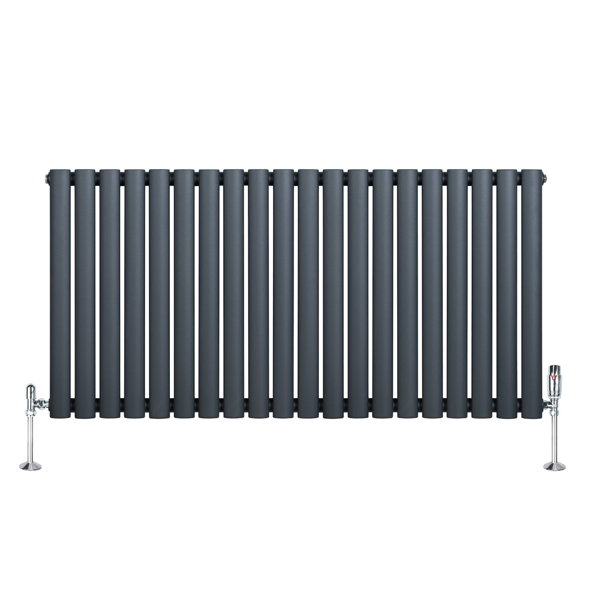 Radiador de coluna oval cinza antracite, com design moderno, 600 mm x 1200 mm, apresentando válvulas cromadas nas extremidades