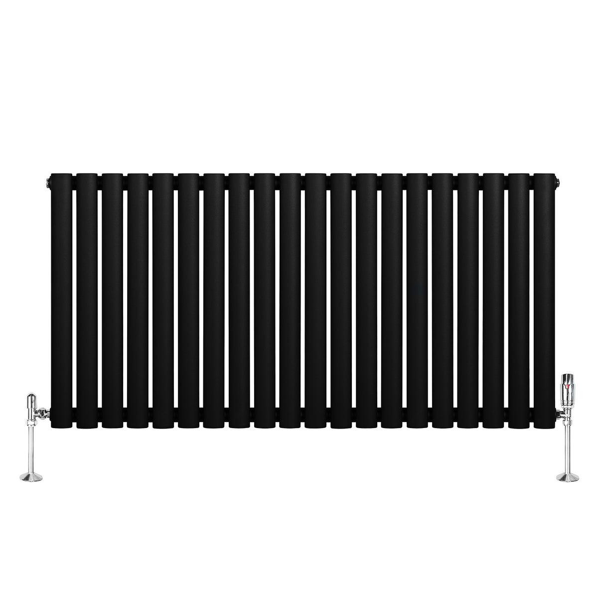 Radiador de coluna simples oval preto, com válvulas, medindo 600 mm x 1200 mm, apresentando um design moderno e elegante