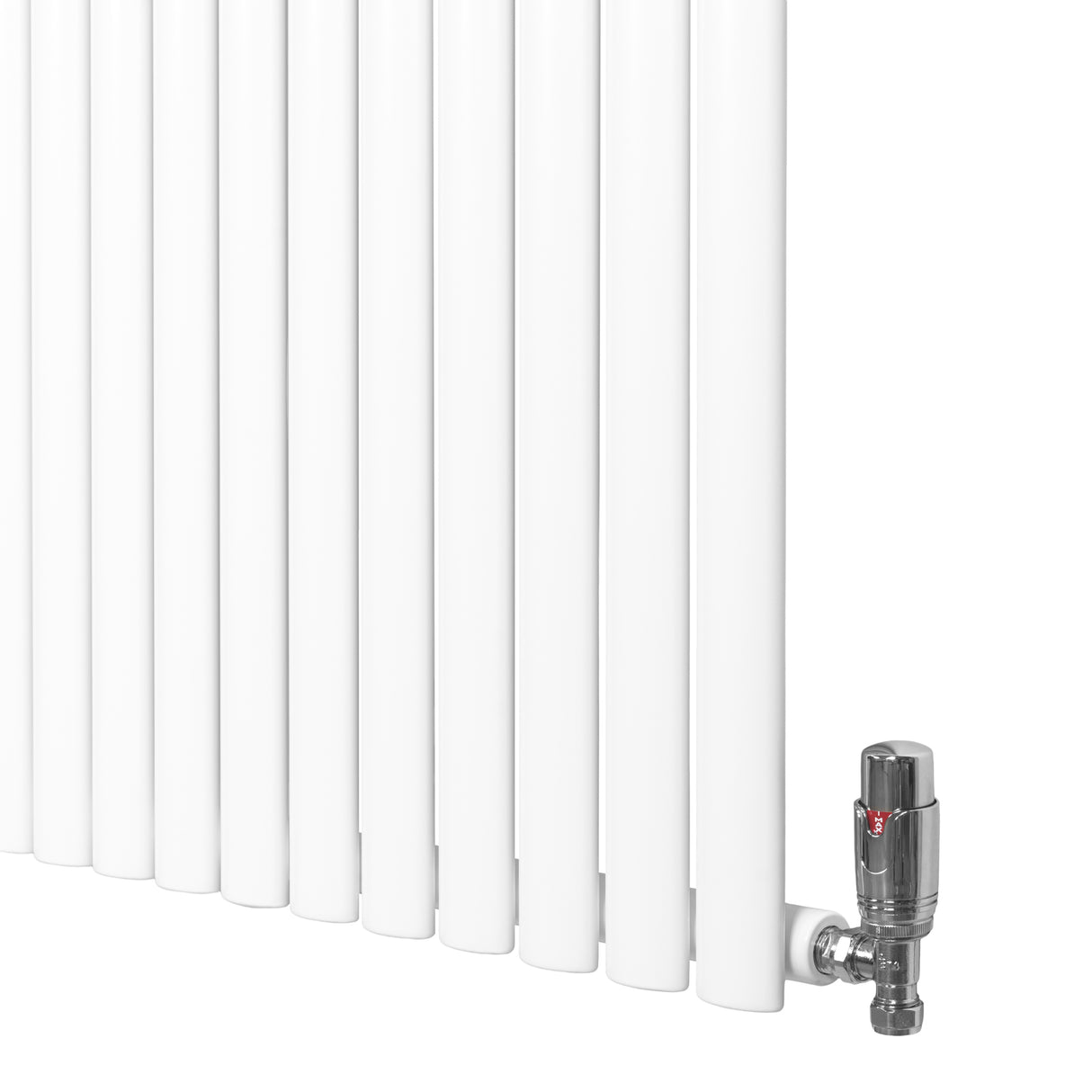 Radiador de coluna oval branco com válvulas, 600 mm x 1200 mm, apresentando acabamento liso e moderno, ideal para aquecimento eficiente