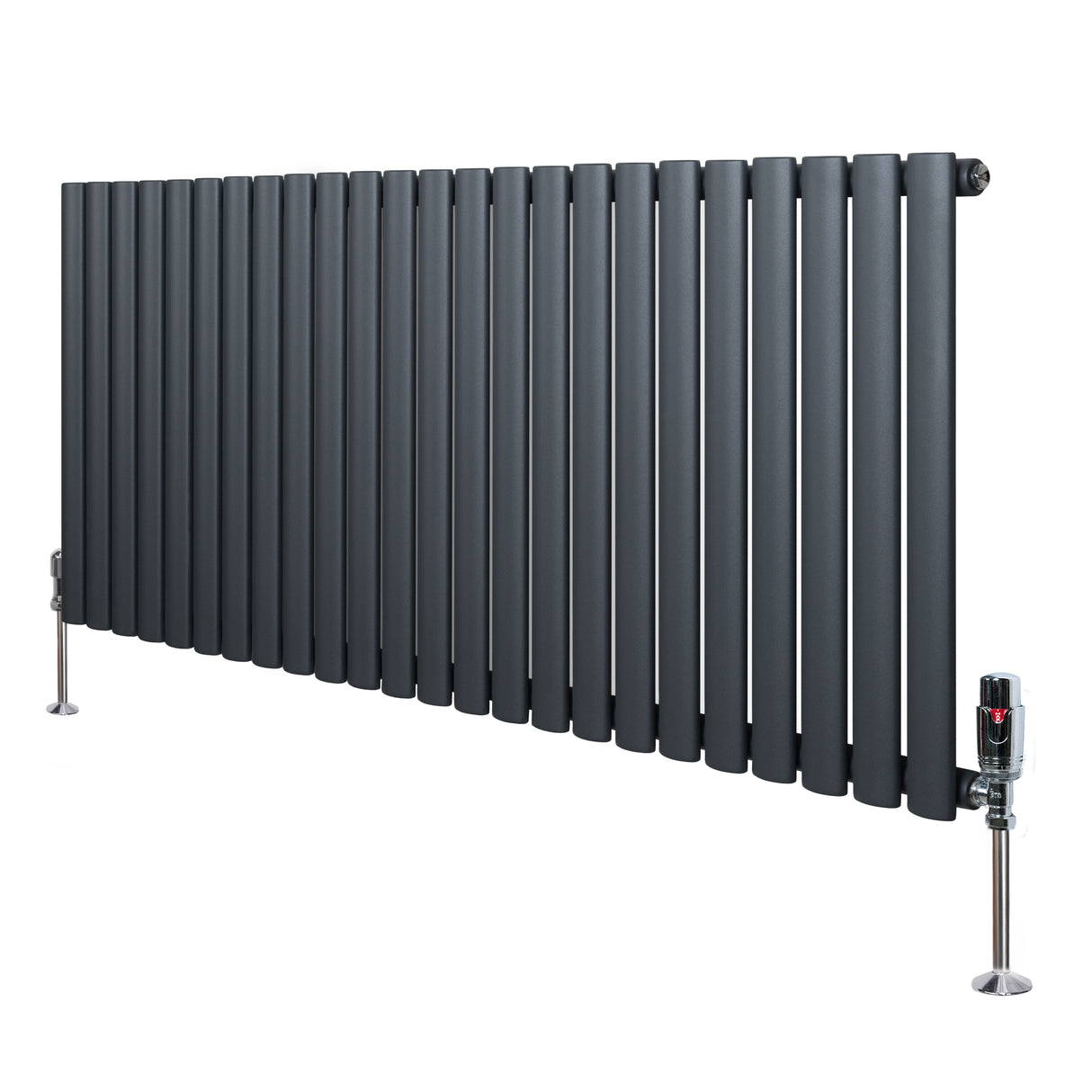 Radiador de coluna oval cinza antracite, 600 mm x 1440 mm, com design moderno e válvulas em metal, ideal para aquecimento eficiente