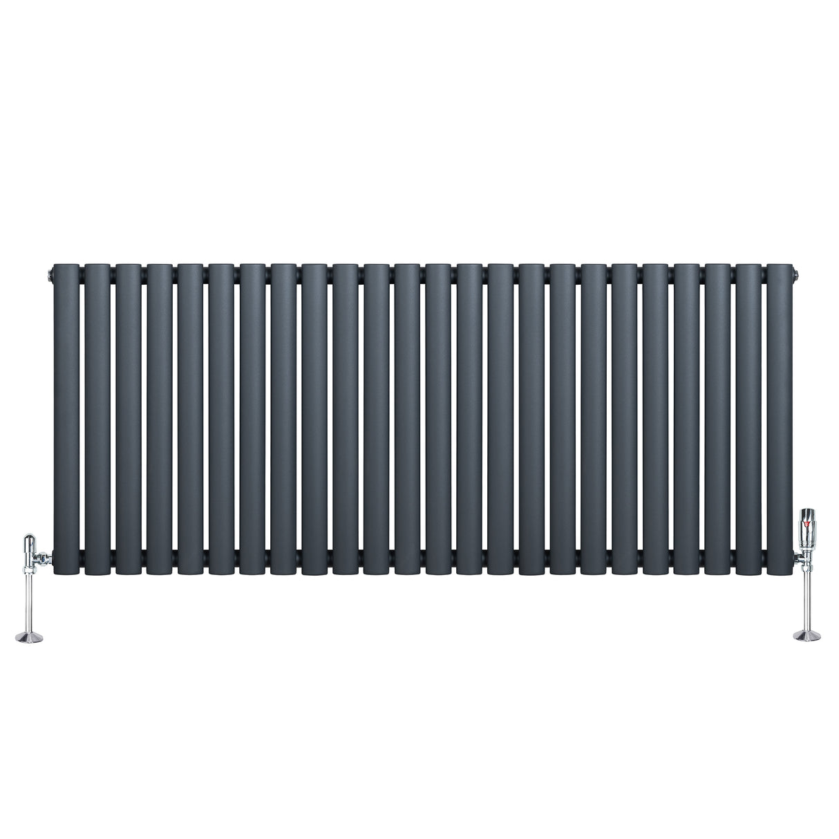 Radiador de coluna oval cinza antracite com válvulas, 600 mm x 1440 mm, apresentando um design moderno e elegante, ideal para aquecimento
