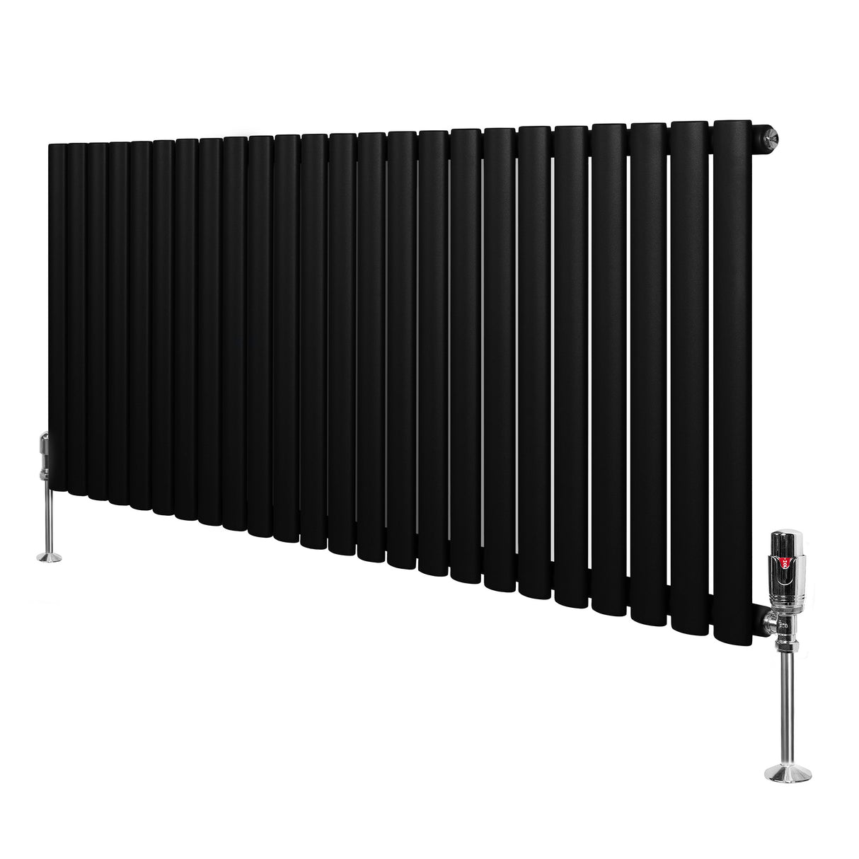 Radiador de coluna simples oval preto, com design elegante e moderno, medindo 600 mm x 1440 mm, equipado com válvulas
