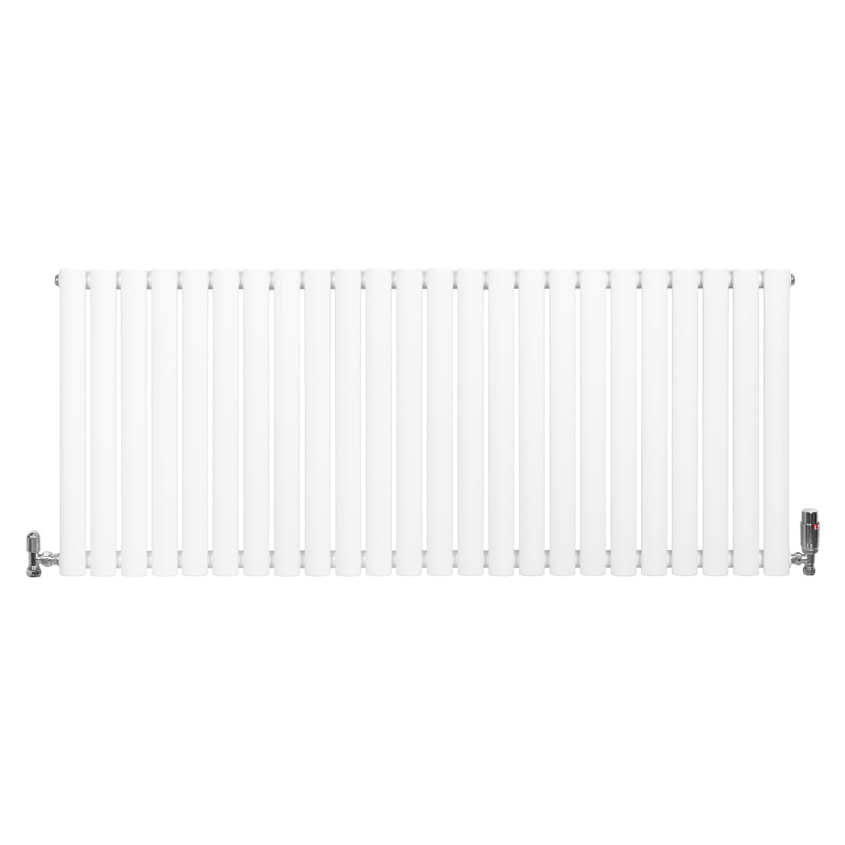 Radiador de coluna simples oval branco, com válvulas, medindo 600 mm x 1440 mm, apresentando um design moderno e elegante