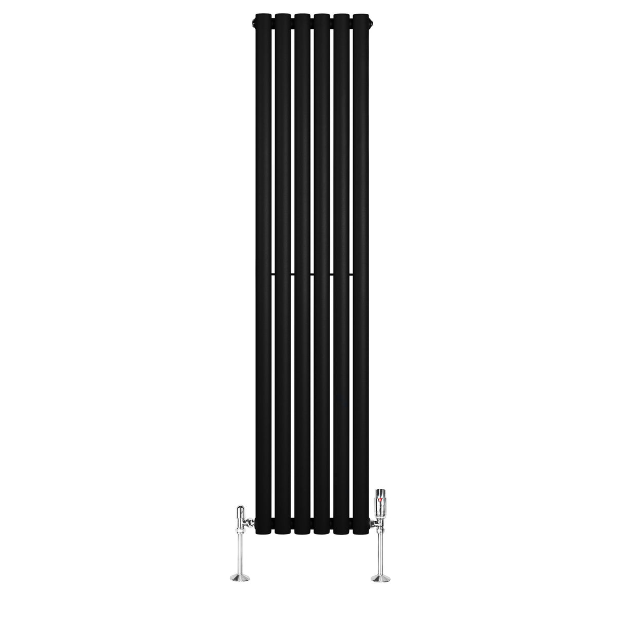Radiador de coluna simples oval preto, com design elegante e moderno, medindo 1600 mm x 360 mm, equipado com válvulas