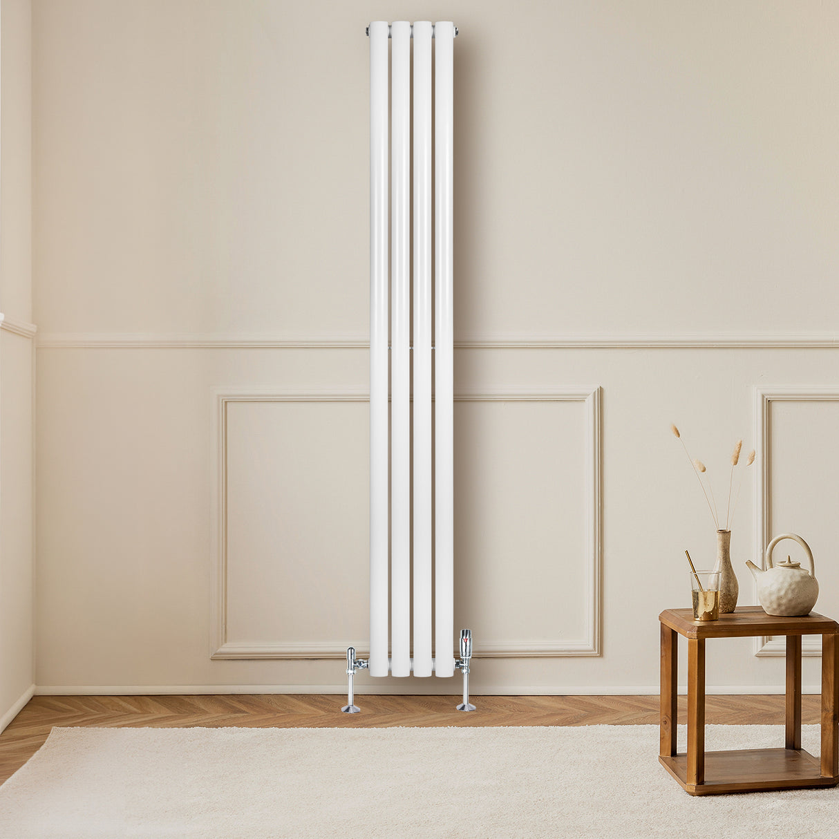Radiador de coluna simples oval branco de 1800 mm x 240 mm, com válvulas, instalado em ambiente moderno e aconchegante