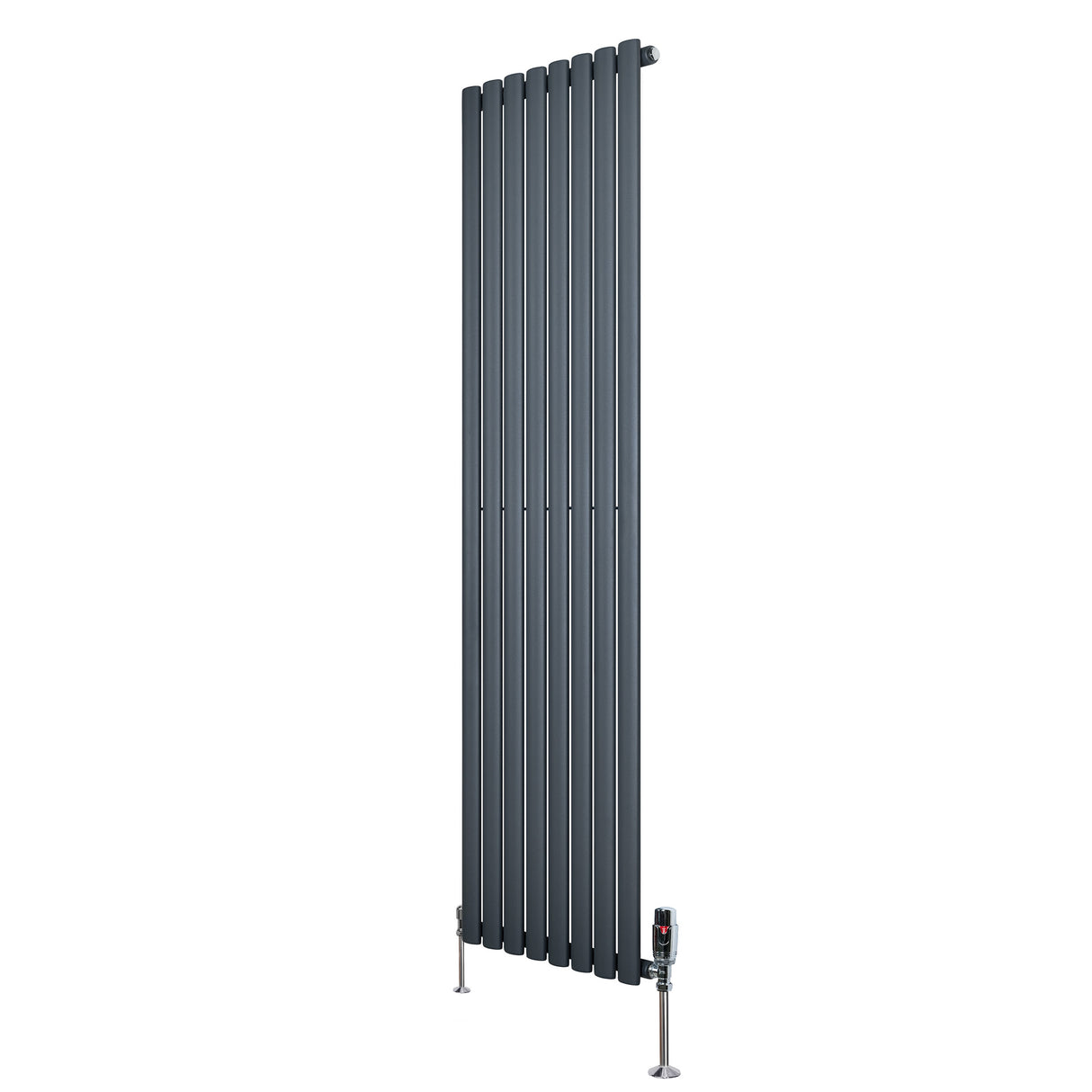 Radiador de coluna simples oval cinza antracite, 1800 mm x 480 mm, com acabamento liso e válvulas na parte inferior