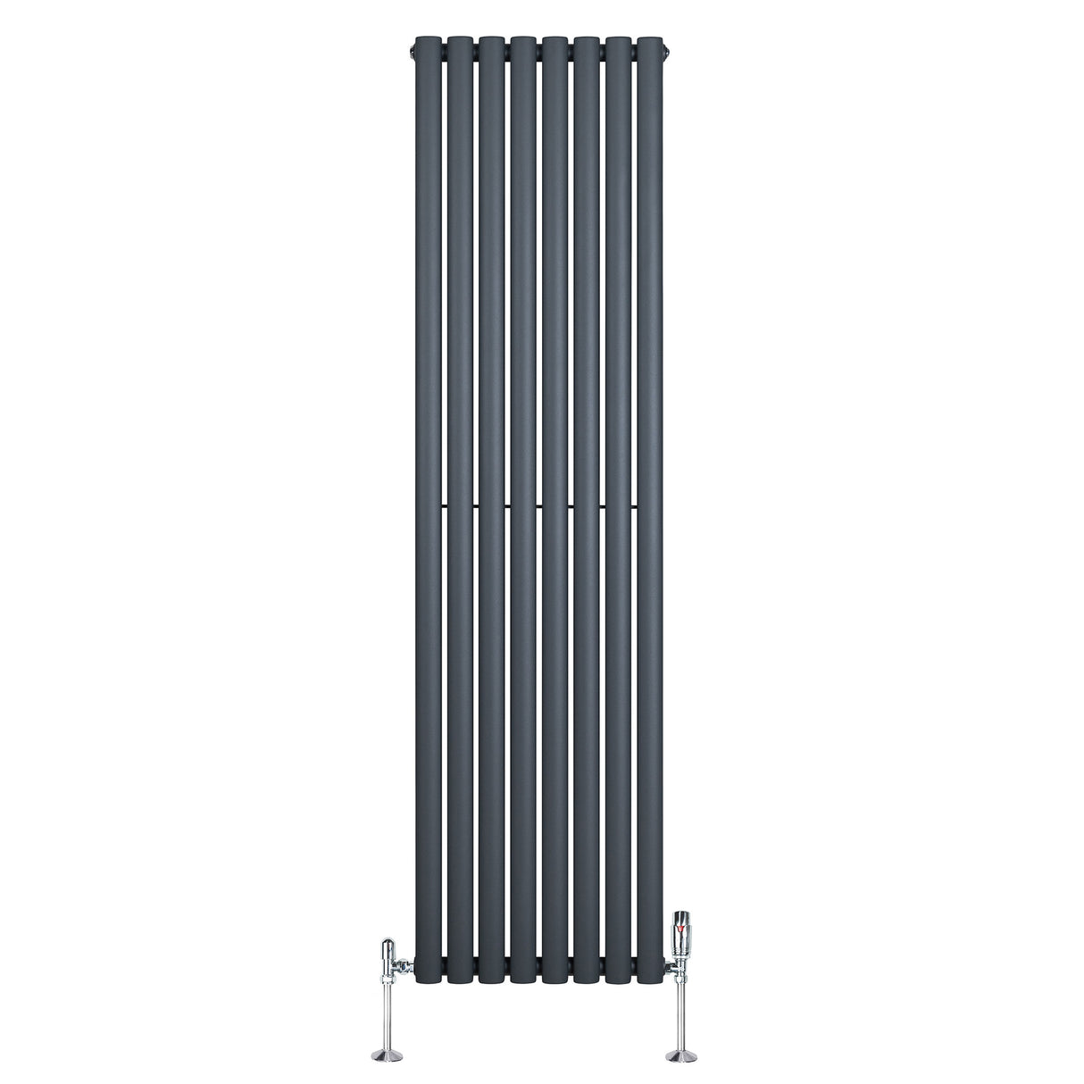 Radiador de coluna simples oval cinza antracite, com design vertical e válvulas, ideal para aquecimento eficiente em ambientes modernos