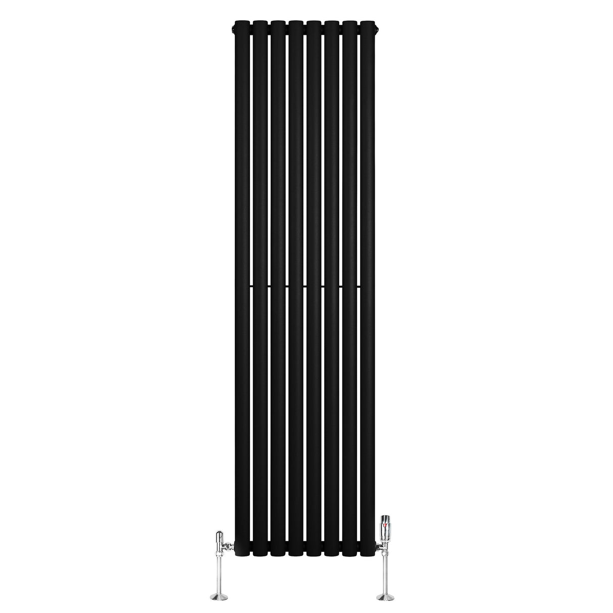 Radiador de coluna simples oval preto, com design vertical, 1800 mm x 480 mm, e válvulas cromadas na base para aquecimento eficiente