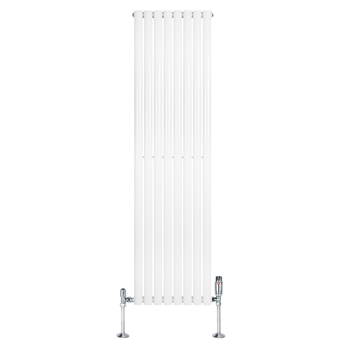 Radiador de coluna simples oval branco, com válvulas, medindo 1800 mm de altura e 480 mm de largura, design elegante e moderno