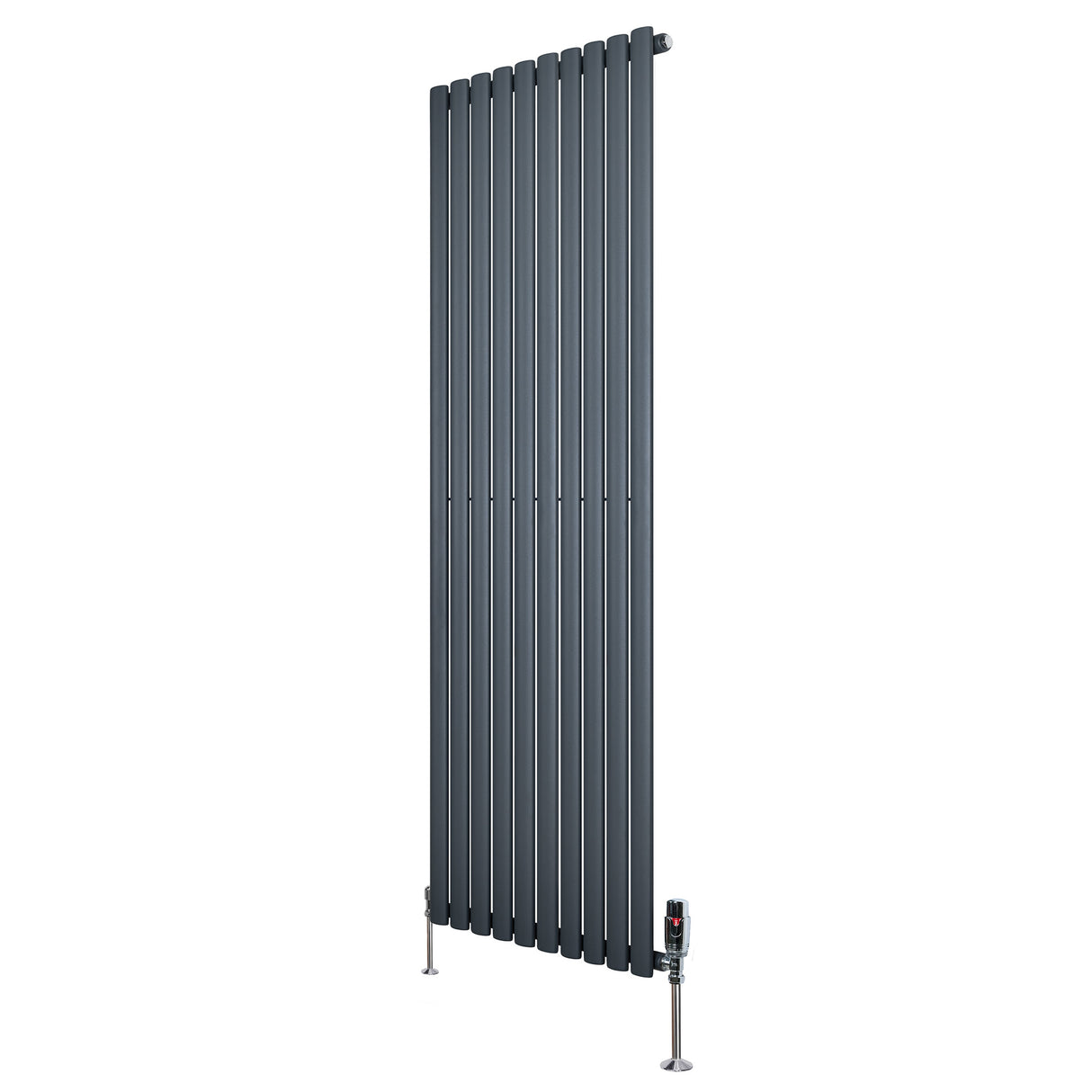 Radiador de coluna simples oval cinza antracite, com design vertical e válvulas, medindo 1800 mm x 600 mm, ideal para aquecimento eficiente
