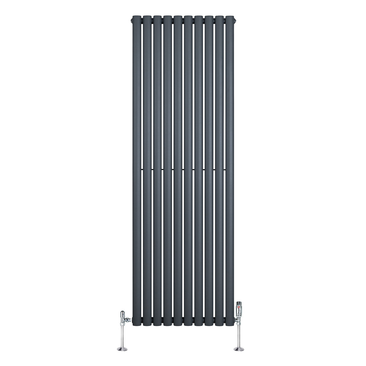 Radiador de coluna simples oval cinza antracite, com design vertical e válvulas, medindo 1800 mm x 600 mm, ideal para aquecimento eficiente