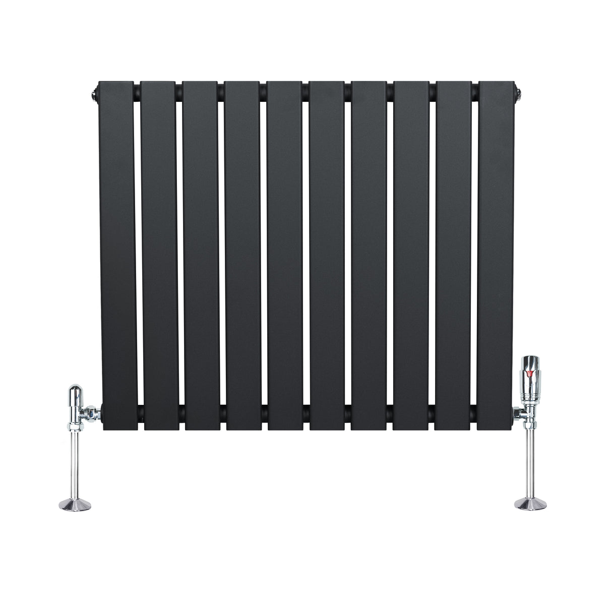 Radiador plano de coluna simples cinza antracite, com design elegante e listras retas, equipado com válvulas cromadas brilhantes