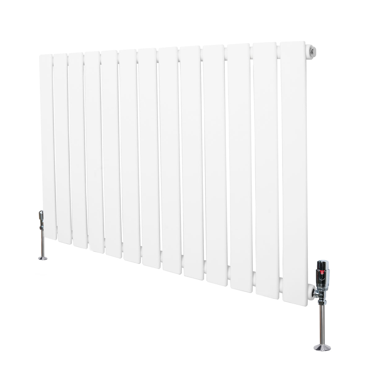 Radiador plano de coluna simples, 600 x 910 mm, acabamento branco, com válvulas metálicas e design moderno e elegante