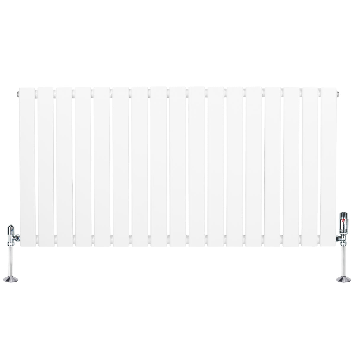 Radiador plano de coluna simples branco, com design liso e elegante, medindo 600 x 1190 mm, equipado com válvulas cromadas
