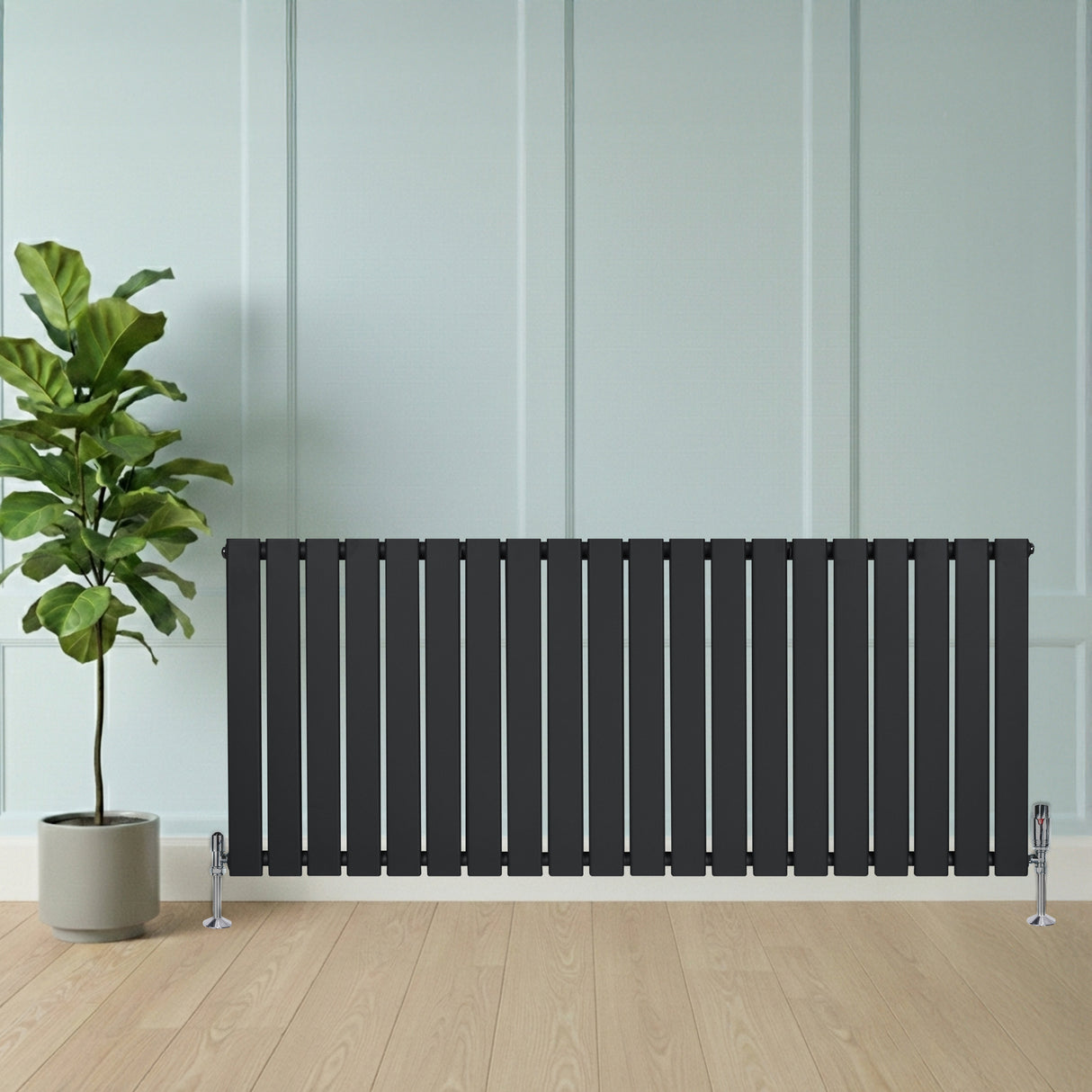 Radiador plano de coluna simples cinza antracite, com design elegante e linhas retas, instalado em ambiente moderno com planta ao lado