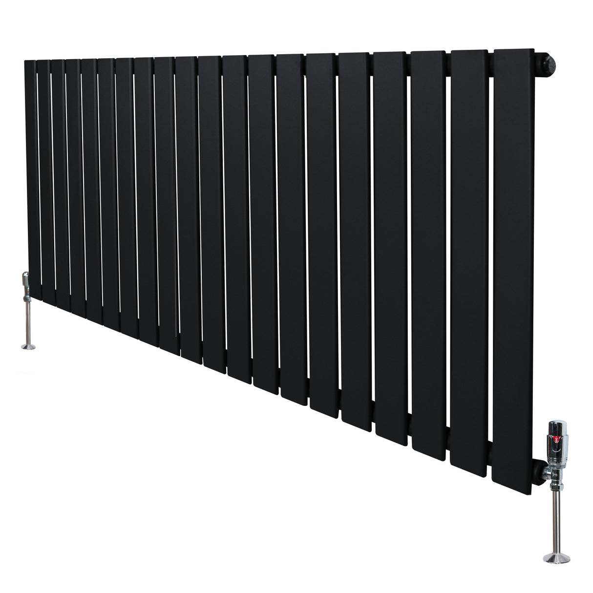 Radiador plano de coluna simples em preto, com design elegante e moderno, medindo 600 x 1400 mm, equipado com válvulas ajustáveis